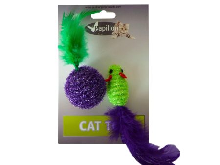 Papillon Cat Toy mouse and ball with feather on card Hot on Sale