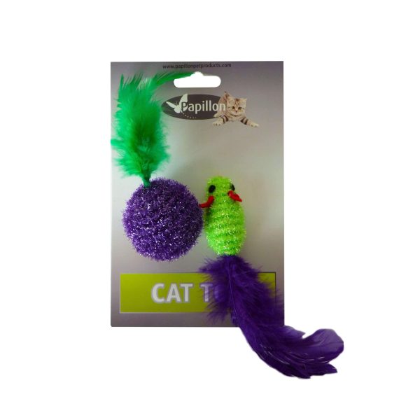 Papillon Cat Toy mouse and ball with feather on card Hot on Sale