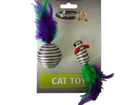 Papillon Cat toy mouse and ball with feather on card Fashion