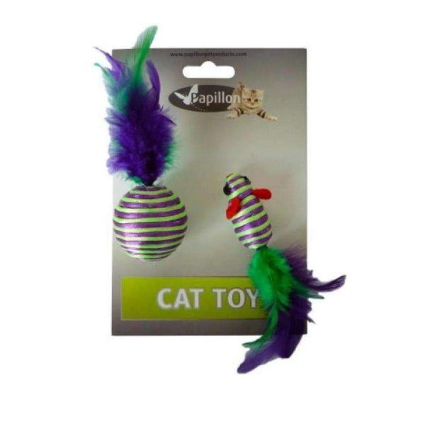 Papillon Cat toy mouse and ball with feather on card Fashion